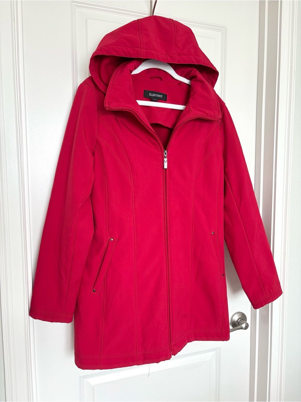 Ellen Tracy Red Hooded Softshell Rain Jacket Lightweight Full Zip Outdoor Large